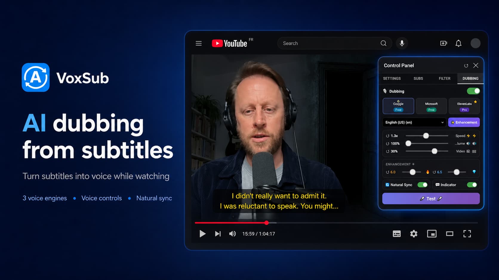 AI dubbing panel inside VoxSub for YouTube