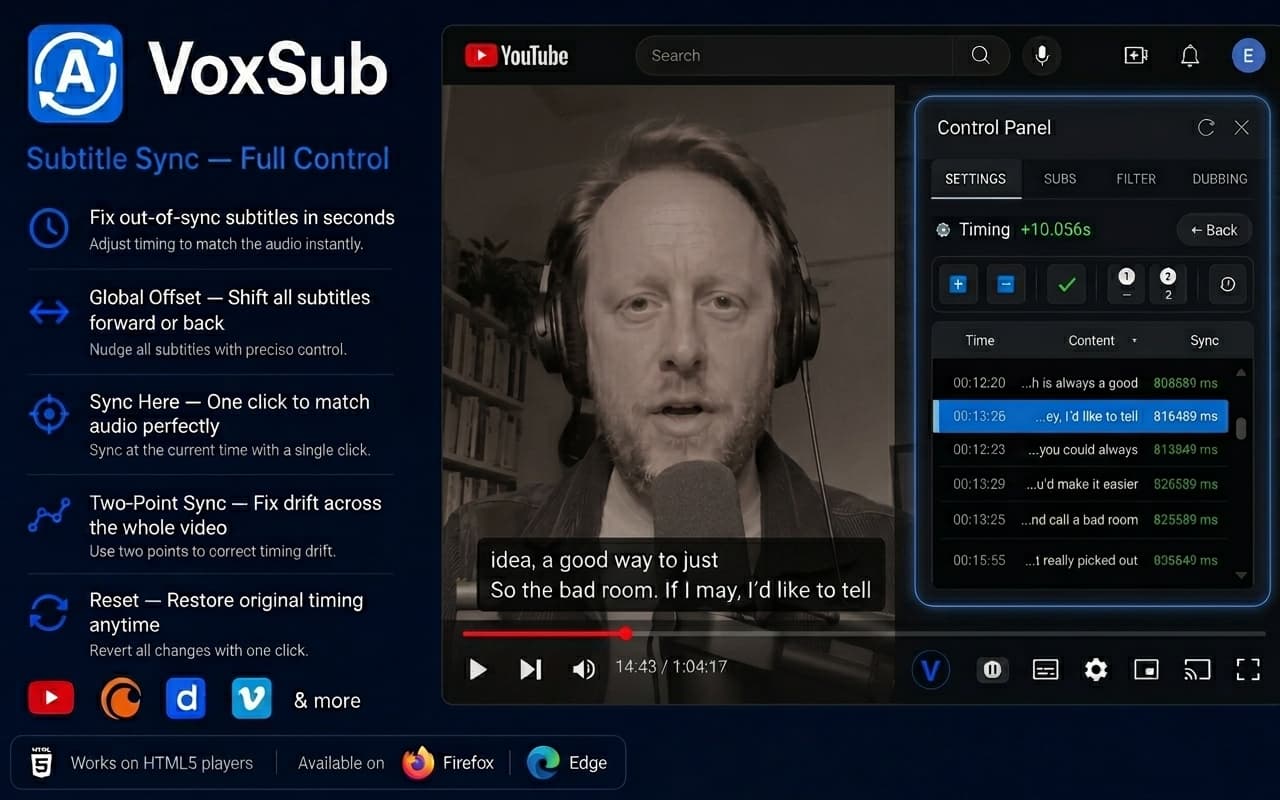 Subtitle sync and timing controls